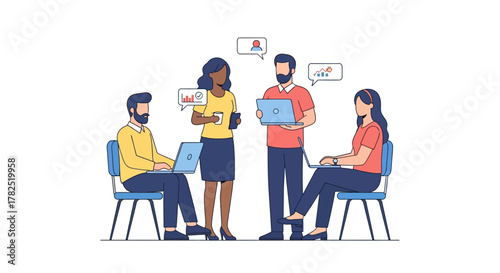 Diverse professionals collaborate in a dynamic brainstorming session, fostering communication and strategic development to drive business innovation and project success