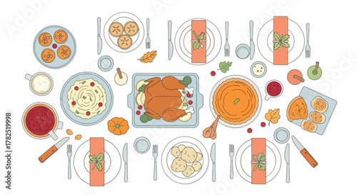 Thanksgiving dinner table setting with roasted turkey, mashed potatoes, and seasonal vegetables, illustrated from a top-down view