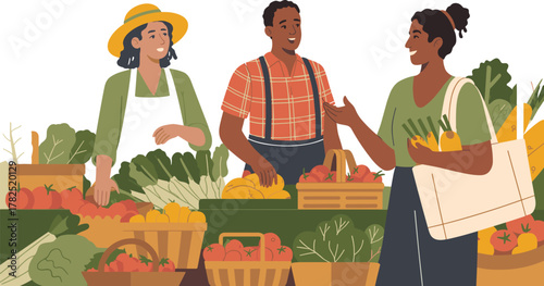 Farmers Market Flat Vector Illustration - Local Produce Stall with Sellers and Customer