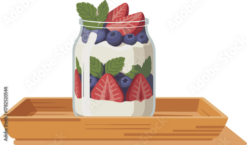 Layered Yogurt Parfait in Jar Healthy Breakfast with Berries and Mint