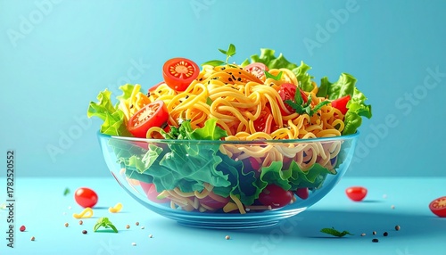 Fototapeta Naklejka Na Ścianę i Meble -  A fresh and vibrant instant noodle salad in a clear glass bowl.
