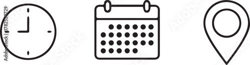 Clock, calendar, and location pin icons on white background, vector concept for scheduling, planning and navigation tools
