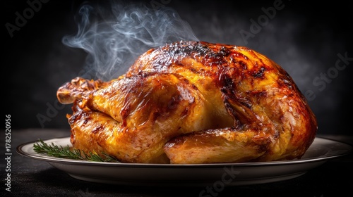 Golden roasted whole chicken steaming hot served on a plate with rosemary sprig