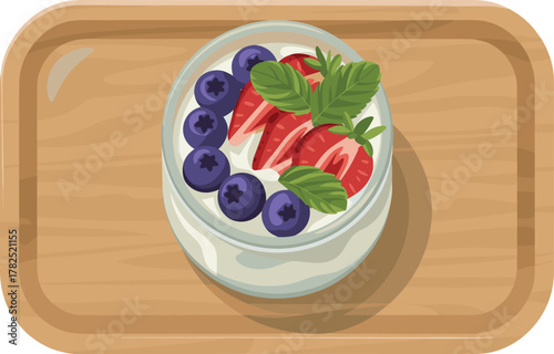 Top View Yogurt Parfait Vector - Healthy Berry Dessert on Wooden Tray
