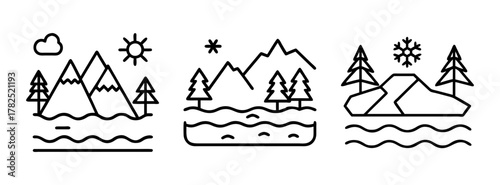 Mountain landscape illustration with trees, sun, cloud, and river in minimalist outline style vector