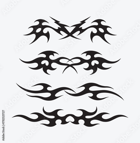 Tribal Flame Tattoo Symbol with Y2K Edgy Aesthetic, Abstract Burning Fire Silhouette, High Contrast Sharp Line Ornament for Fashion Graphic, Sticker Print and Digital Art Asset