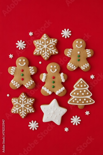 Gingerbread cookies on red background