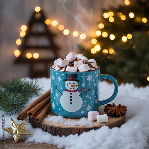 Hot chocolate with snowman on wood