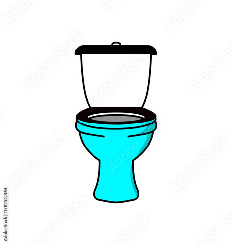 A simple vector illustration of a bright cyan toilet with an open black lid, viewed from the front against a white background.