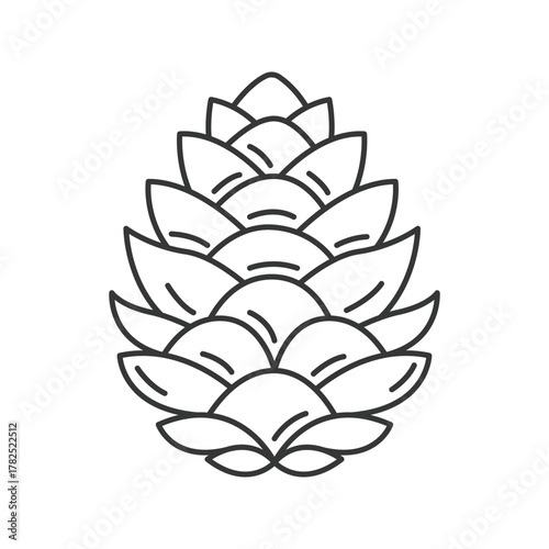 A black line drawing of a pinecone It has a symmetrical layered structure