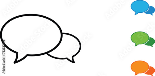 Speech bubble icon set, colorful chat symbols, black and white dialogue graphics, communication vector illustration for messaging, social media, customer support