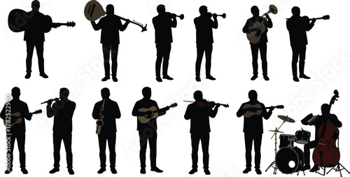 Musician silhouettes playing guitar, trumpet, saxophone, violin, drums, double bass, jazz band, orchestra, concert, performance, musical instruments, vector illustration