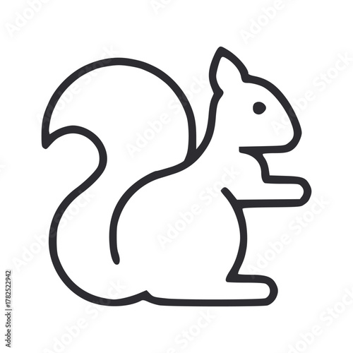 A black outline of a squirrel is centered on a white background The squirrel faces right with a large curled tail