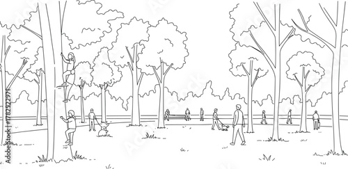 Park scene illustration, people enjoying nature, walking, sitting, climbing trees, outdoor leisure activity, black and white line art, public space drawing
