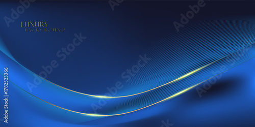 3D gold curved dark blue ribbon on dark blue background with lighting effect and sparkle with copy space for text.