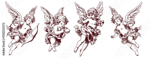 Set Freehand Cupids scribble isolated on white background. Texture of writing materials. Handwritten valentines doodles and pencil strokes. Hand drawn cupidon. Line art, vintage engraving	
