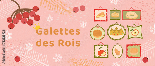 Colorful festive poster of Galette des Rois with crowns, cakes, almonds, and apples on pastel background. Perfect for Epiphany, French pastry, and holiday food design projects.