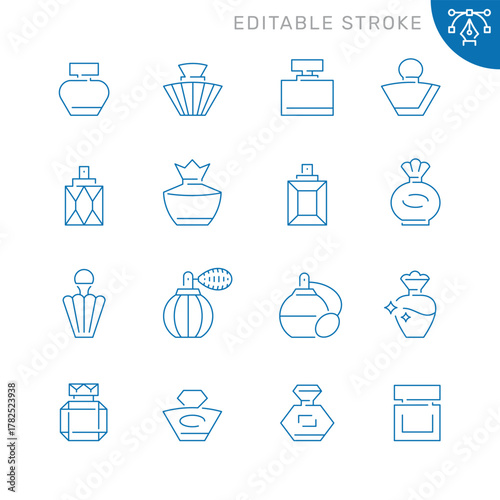 Vector line set of icons related with perfume bottle. Contains monochrome icons like glasses, spray, cosmetic, fragrance and more. Simple outline sign. Editable stroke.