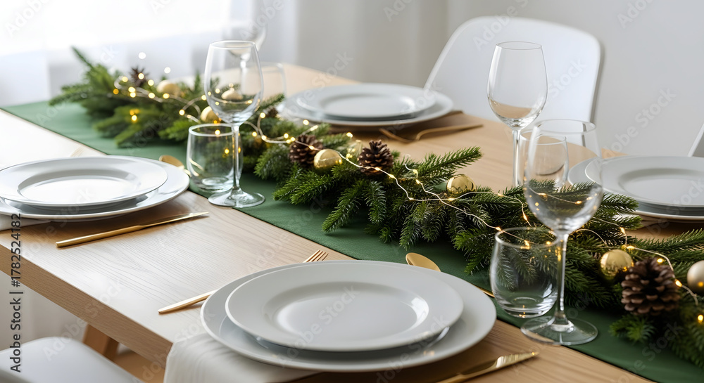 Fototapeta premium Elegant Christmas dining table setup with greenery and ornaments 