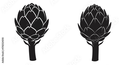 Two black and white artichoke illustrations on a plain white background