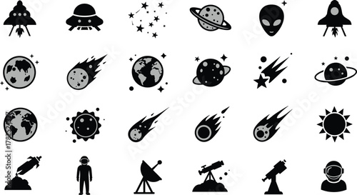 Space icons set, UFO, alien, astronaut, rocket, planet, satellite, telescope, solar system, galaxy, black and white vector illustration