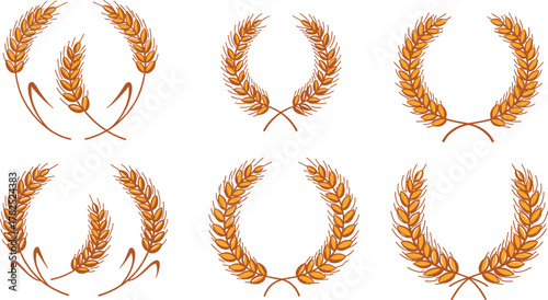 Golden wheat wreath vector set, agricultural laurel symbols, harvest celebration elements, farming award icons, rustic grain design for seasonal and rural themes