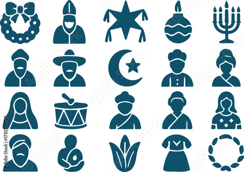 Diverse cultural and religious holiday icons isolated on white background, featuring symbols of various celebrations and traditions worldwide, in a simple black silhouette style