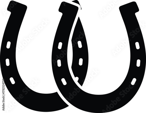 Overlapping black horseshoes vector illustration, lucky charm symbol, equestrian icon, minimalist silhouette, horse hoof accessory, rustic western graphic, isolated on white