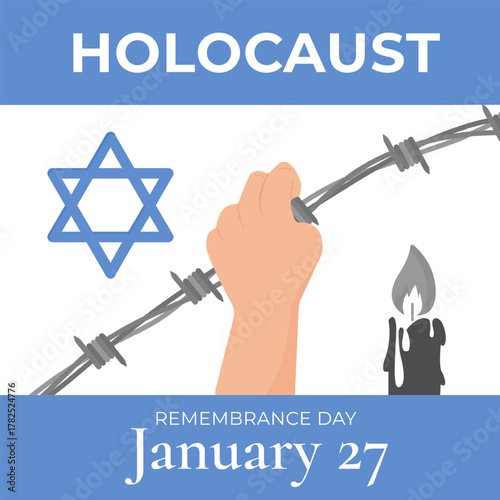 Minimalist Holocaust Remembrance Day vector with a hand holding barbed wire, Star of David and memorial candle. Ideal for awareness campaigns, educational materials and commemorative designs.