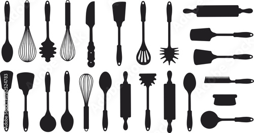 Kitchen utensils silhouette collection, cooking tools vector set, black icons for culinary design, food preparation, restaurant equipment, chef supplies, kitchenware