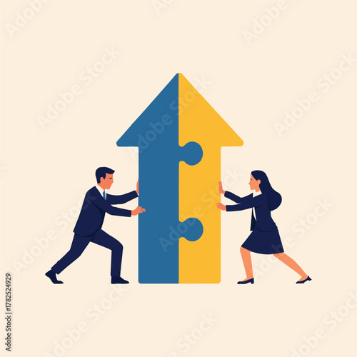 Business team collaborating to form growth arrow puzzle concept.