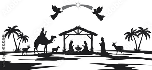 Nativity scene silhouette, Christmas manger illustration, holy family vector, biblical birth of Jesus, religious holiday art, black and white design