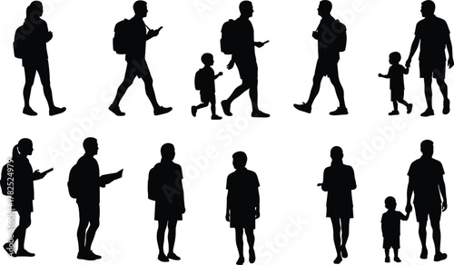 Silhouettes of people walking, standing, interacting, adults and children, family moments, urban lifestyle, casual poses, backpack carrying, parenting scenes, everyday human activity