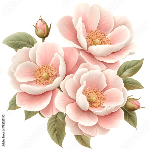 Cluster of delicate pink blossoms with green foliage displayed against a white background