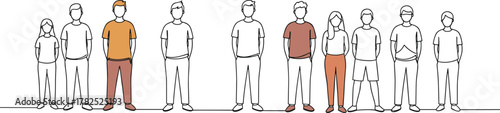 Group of diverse people standing in a row, highlighted individuals for selection, comparison, analysis, identity, teamwork, diversity, inclusion, and categorization