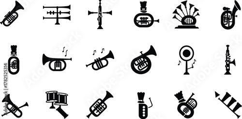 Musical instrument silhouette icons, trumpet, drum, saxophone, tuba, French horn, clarinet, vector set for music education, concert, orchestra, band