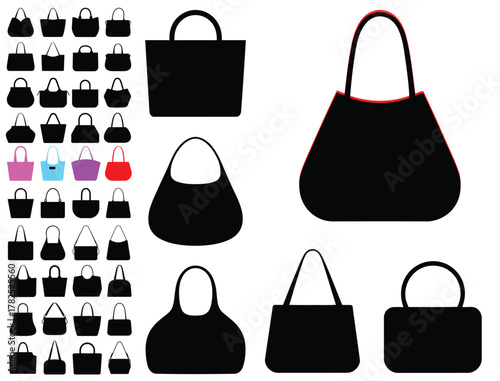 Collection of silhouettes of women's handbags, set of women bags, vector illustration