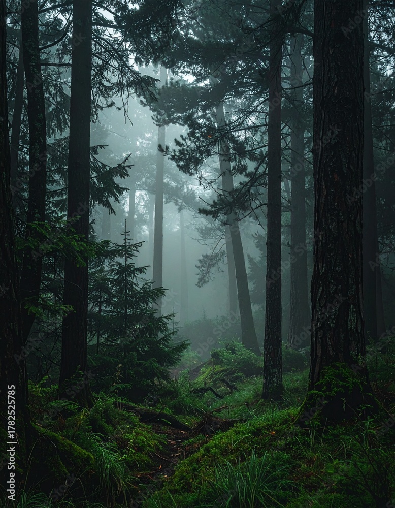 Obraz premium Moody Dark Green Forest with Soft Fog Minimalist Nature Wallpaper