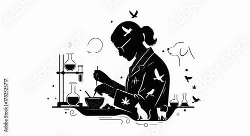 Scientist in silhouette conducting research with animals and plants in laboratory setting