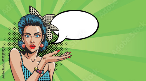 A beautiful, surprised woman with a speech bubble points to the side. Colorful vector background in a retro comic pop art style.