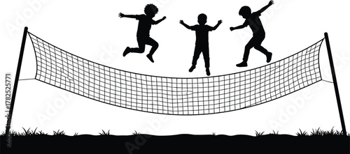 Children jumping on volleyball net, playful silhouette scene, outdoor summer fun, energetic kids in motion, childhood activity, sports, grass field, sunset vibe