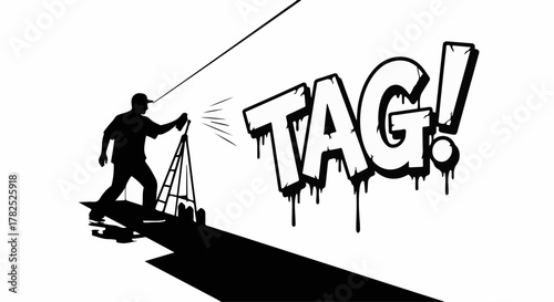 Graffiti artist spraying a large bold tag on a white background with a dramatic shadow