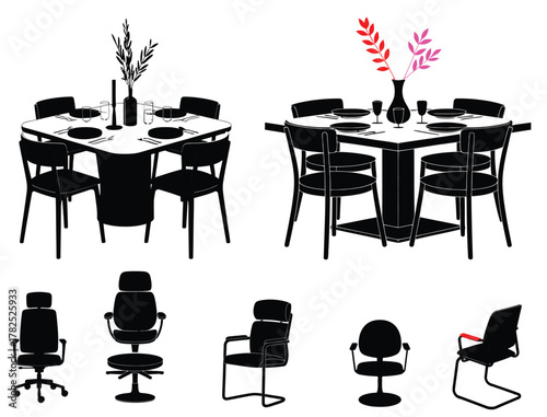 Table and Chair Silhouette Vector Design. silhouettes of chairs and tables