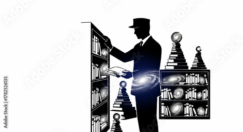 Man in suit selecting book from shelf, surrounded by chess pieces and cosmic imagery