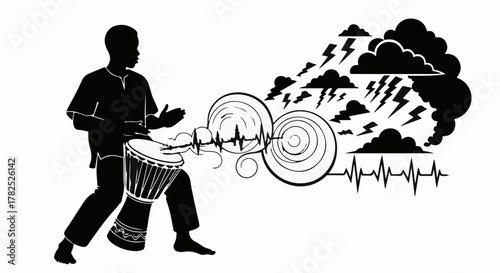 Rhythmic drumming evokes a powerful storm of sound and energy, representing the raw force of music.
