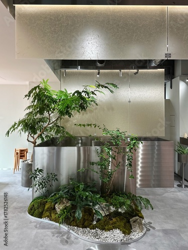 Modern café interior with Japanese garden elements in Tokyo, Japan
