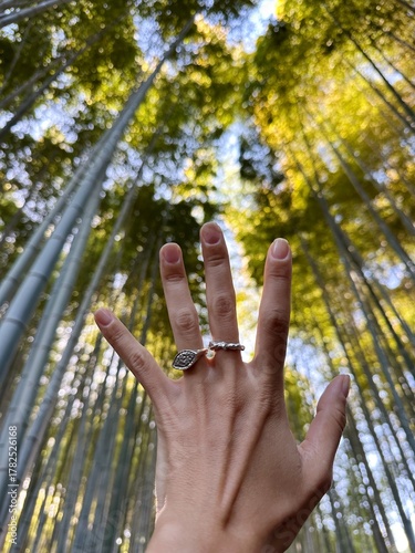 My hand reaching toward bamboo canopy in Arashiyama Bamboo Grove, Kyoto, Japan