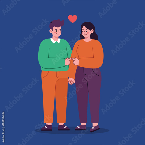 Two cartoon figures in love, holding hands, with a red heart above them, on a blue background