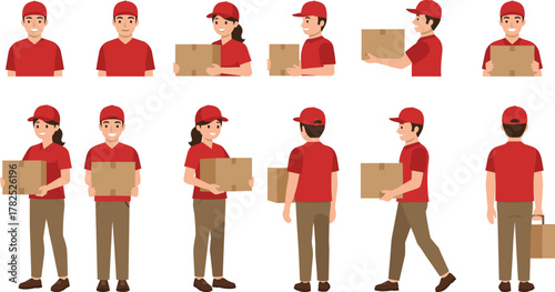Delivery worker character set, courier in uniform, holding boxes, logistics staff illustration, shipping service, male and female poses, vector design