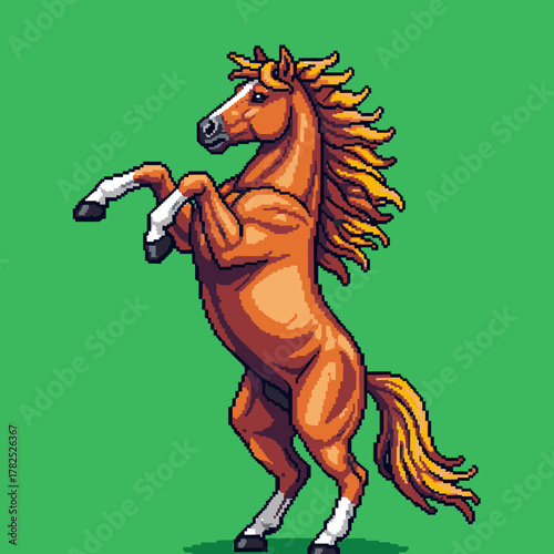 A pixel art illustration of a brown horse with a golden mane rearing up on its hind legs against a solid green background.